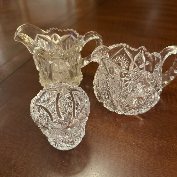 Crystal Set: Vintage NuCut Toothpick Holder and 2 Cream Pitchers - Picture 1 of 3